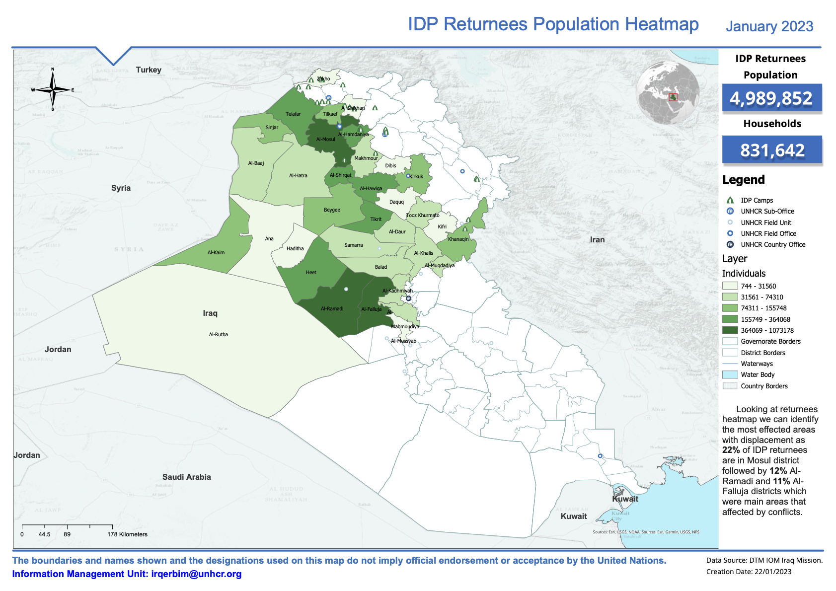 A map of Iraq highlights the rate of IDP returnees in different regions of Iraq.